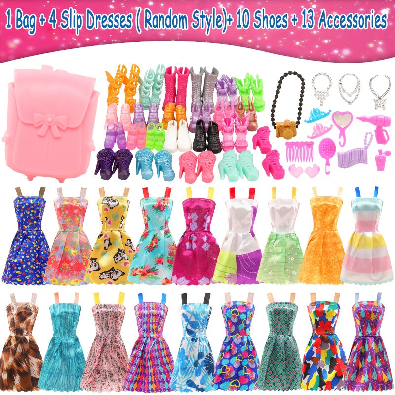 Barwa Lot 36 Items 3 Fashion Dresses 3 Casual Tops and Pants Outfits 6 Pcs Mini Dresses with 1 Bags 10 Shoes, 13 Accessories for 11.5 Inch Girl Doll Birthday Xmas - Image 5